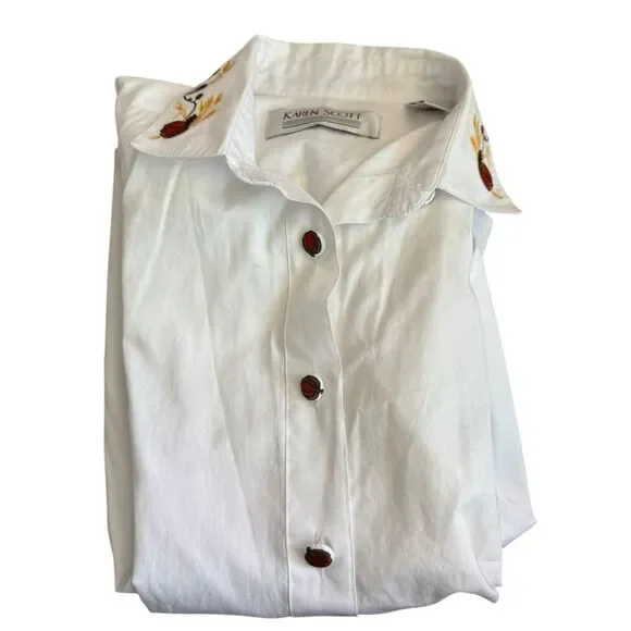 Vintage white button down with autumn embroidered trim Pumpkin Buttons‎ Small - Picture 8 of 16